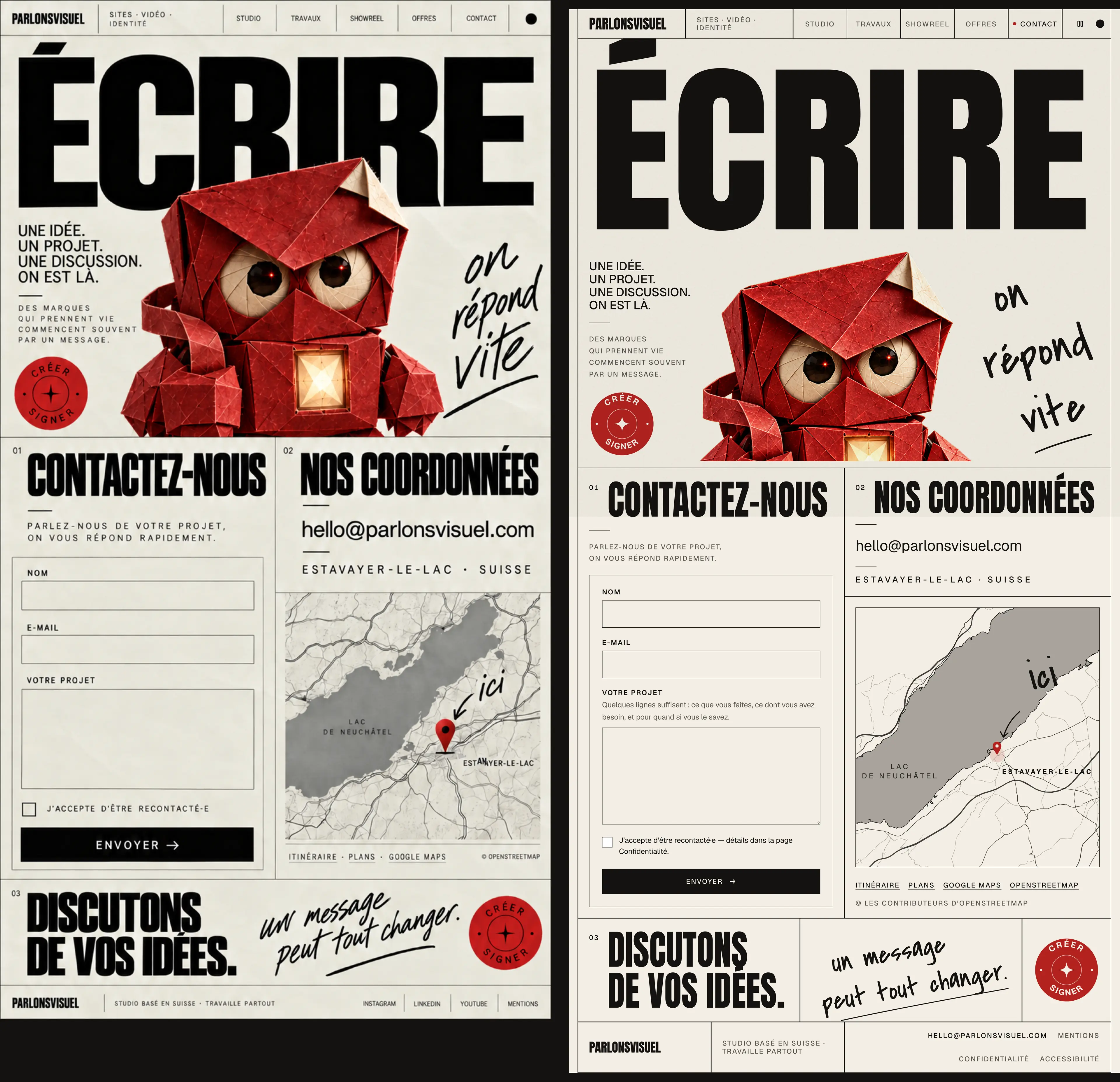 À gauche, la maquette de la page de contact ; à droite, la même page construite : titre, Pli, formulaire et carte au même endroit.