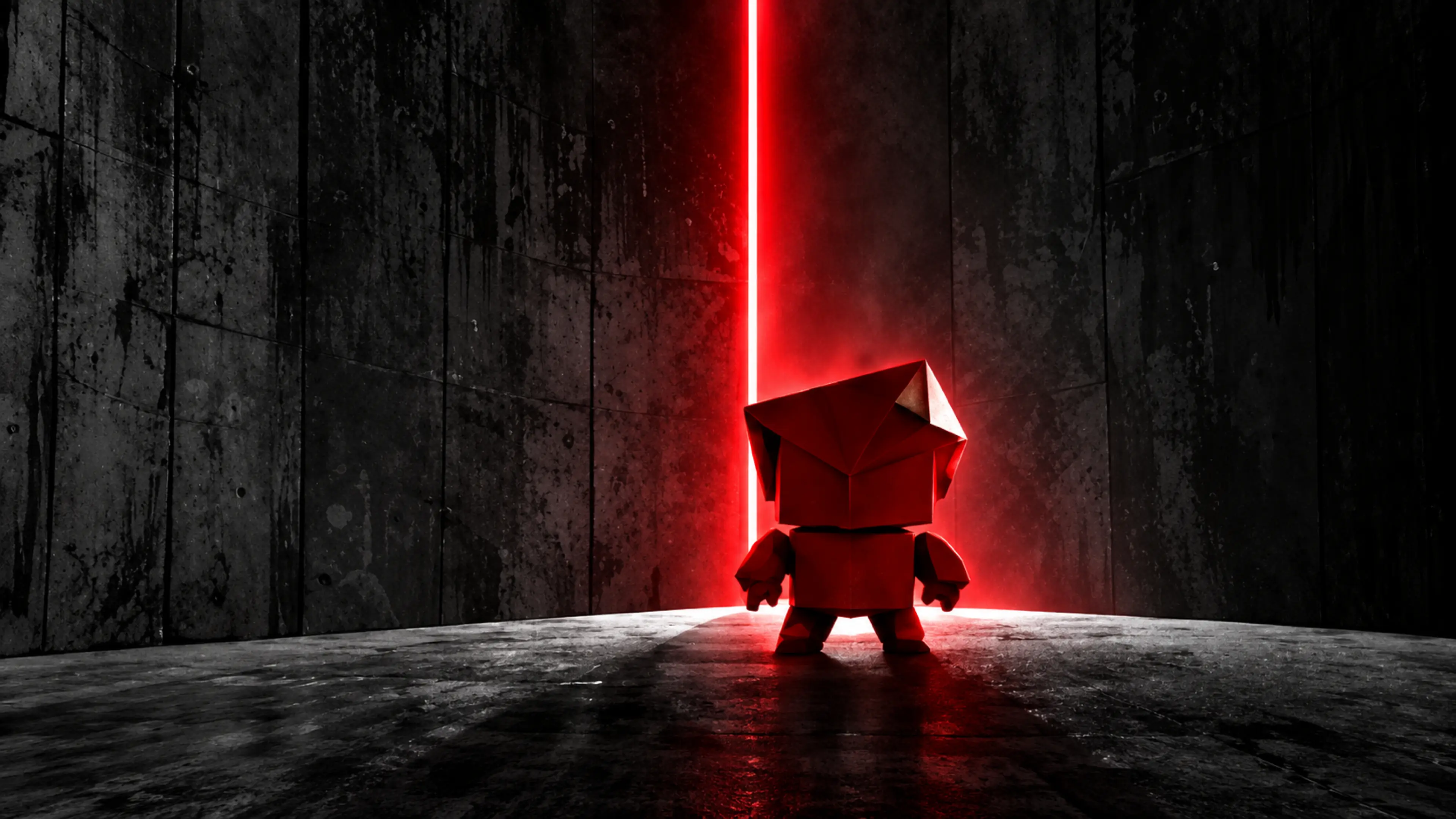 Le Pli devant un mur noir fendu de rouge.