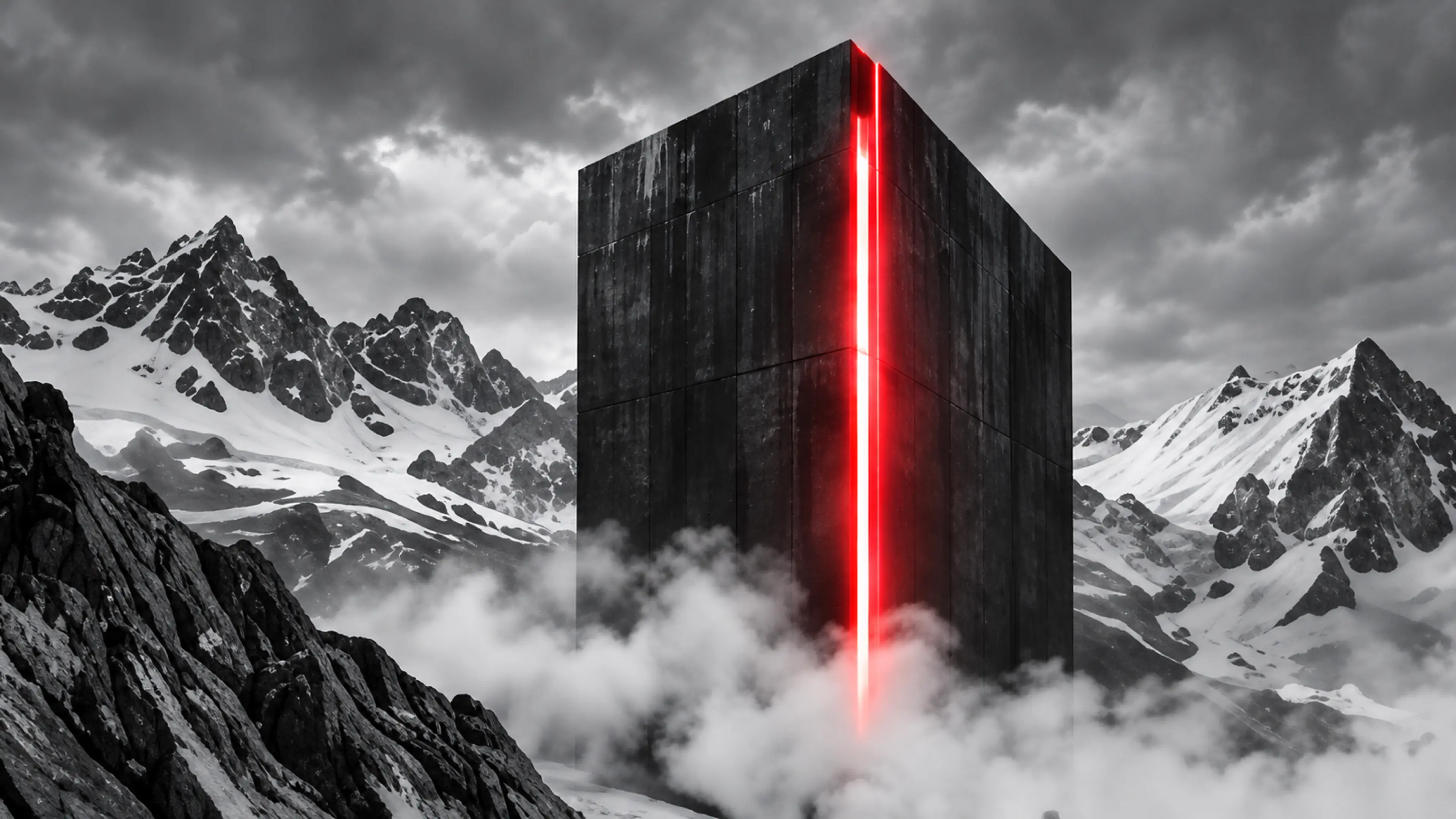 Un monolithe noir fendu de rouge entre des sommets, dans la brume.
