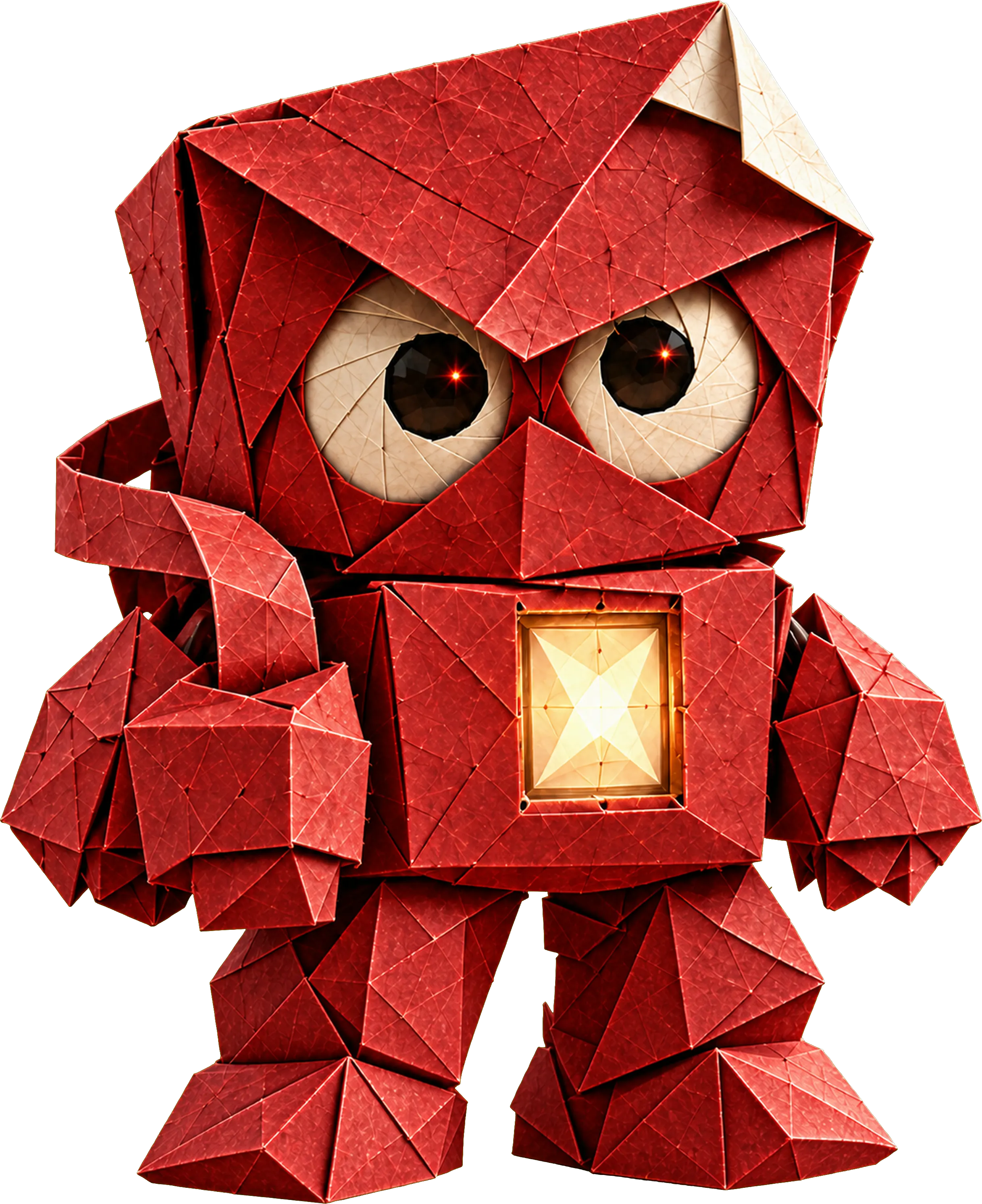 Le Pli, personnage de papier plié rouge, de face, le cœur allumé.