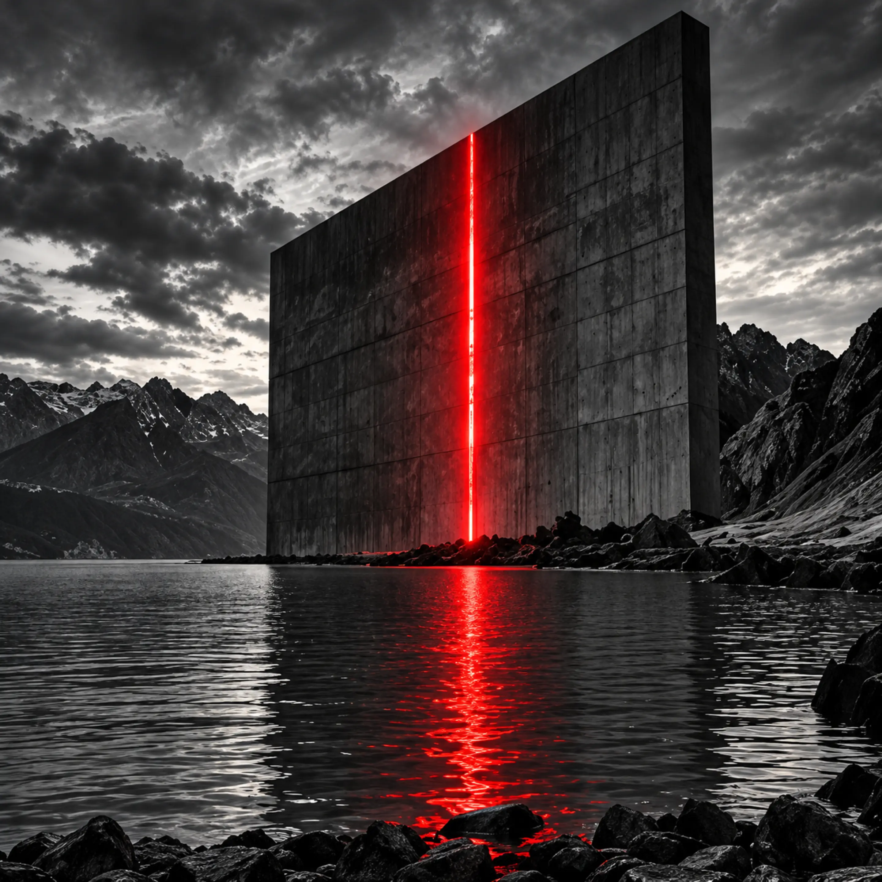 Après : un monolithe de béton fendu de rouge, au bord d’un lac.