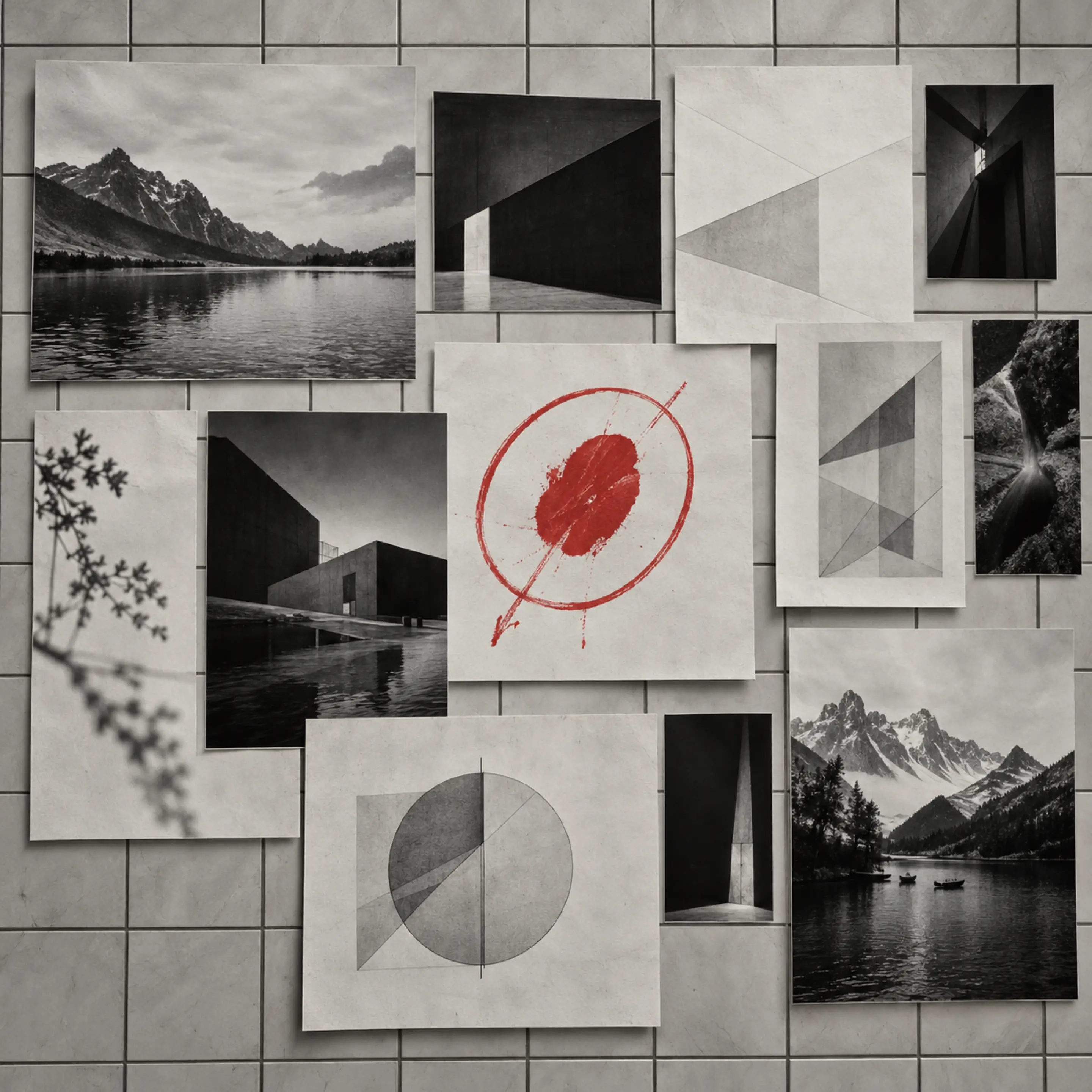 Avant : un mur de références et de croquis épinglés, un cercle rouge.