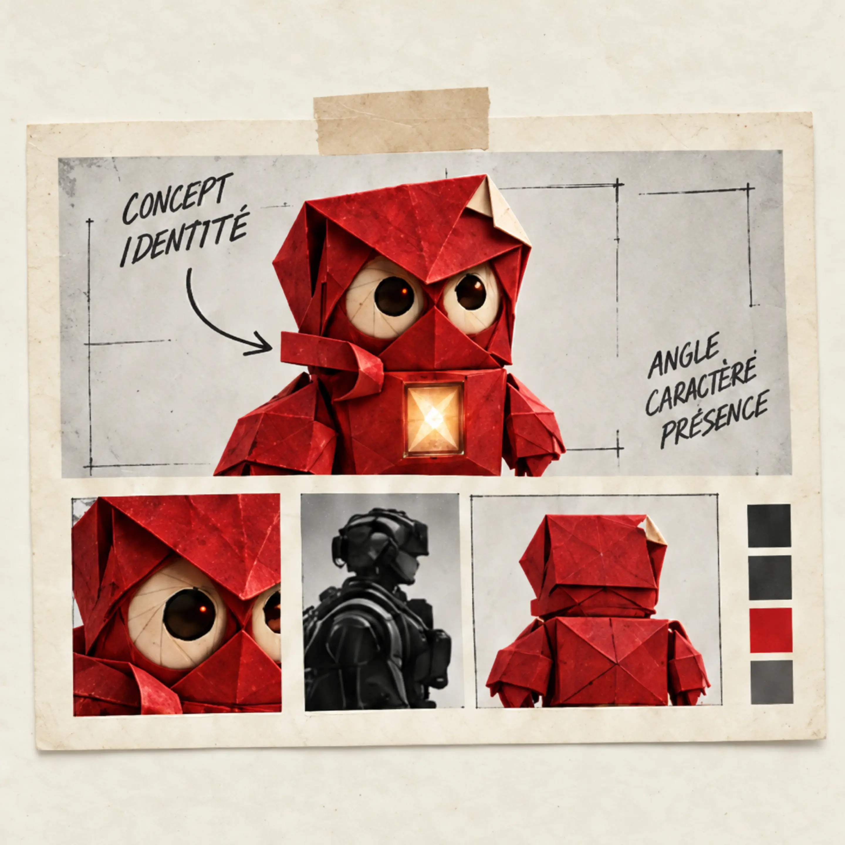 La planche concept du Pli : un grand portrait annoté « concept identité » et « angle, caractère, présence », trois vignettes et une palette.