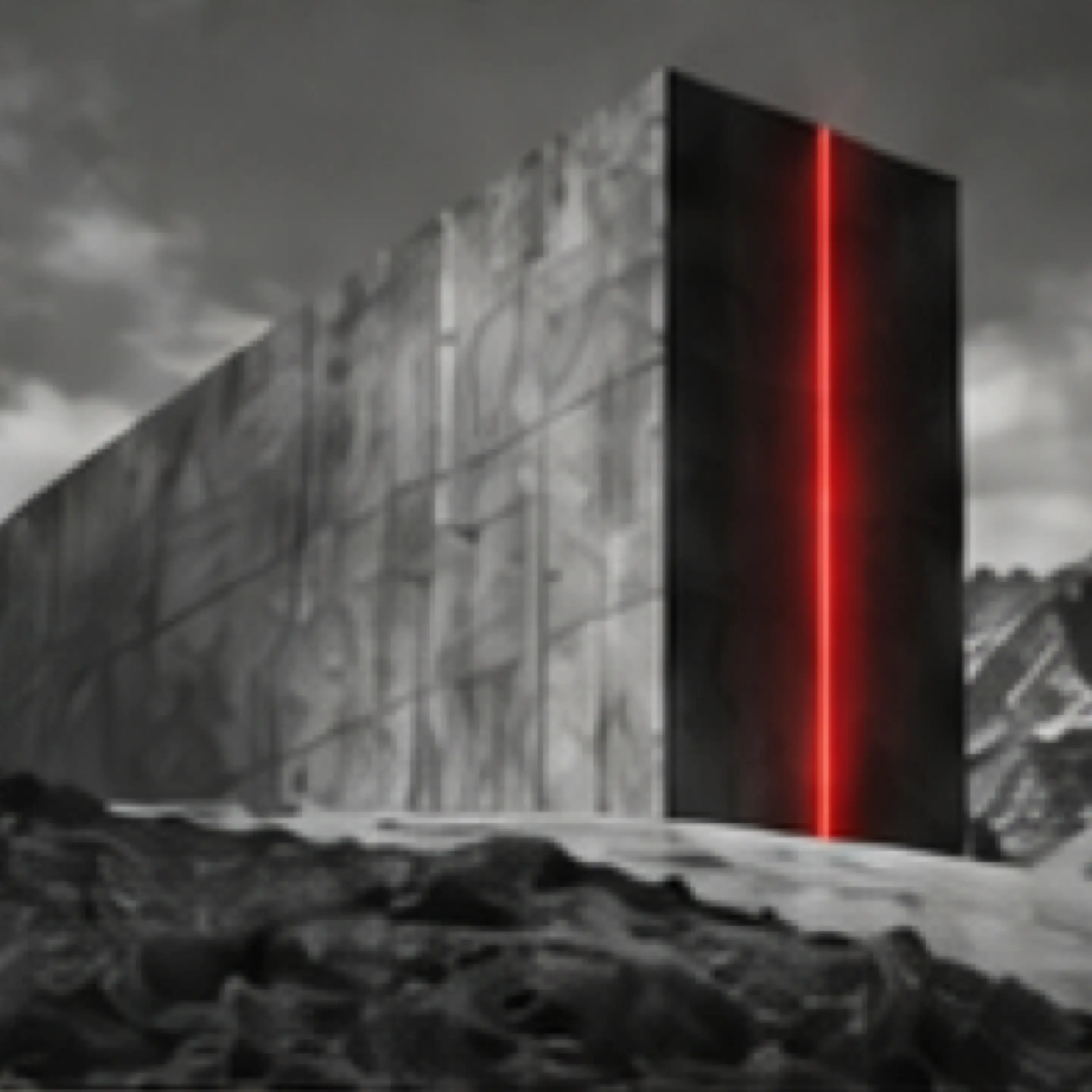Un monolithe de béton fendu d’un trait de lumière rouge, dans la montagne.