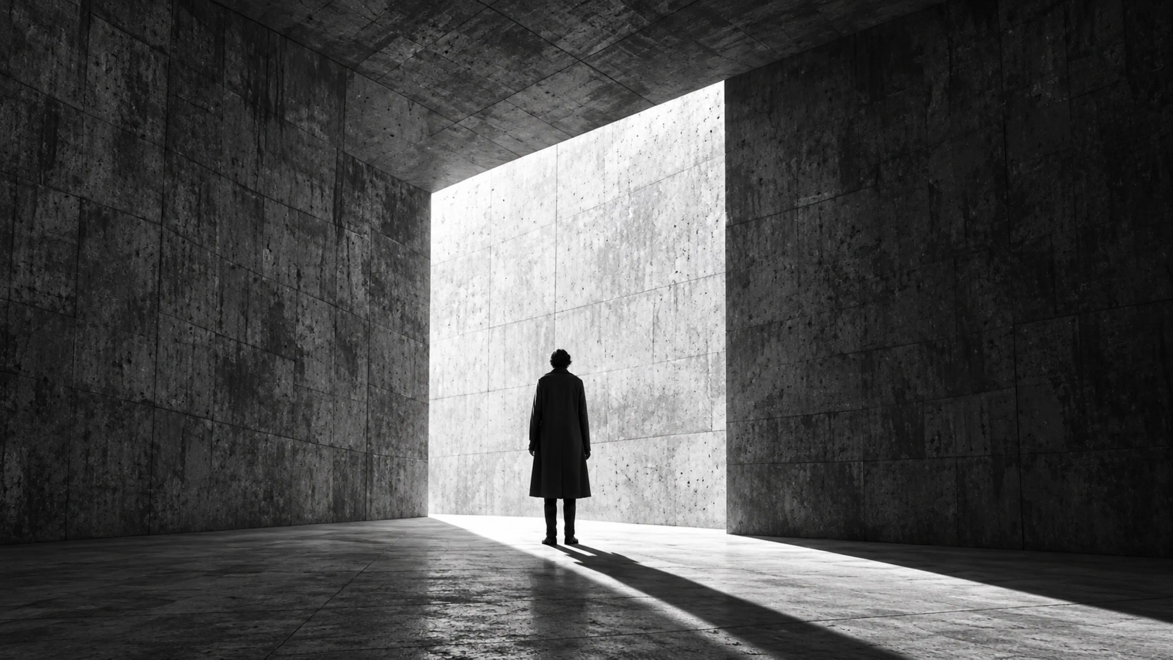 Une silhouette en manteau dans une ouverture de lumière, au fond d’un couloir de béton.
