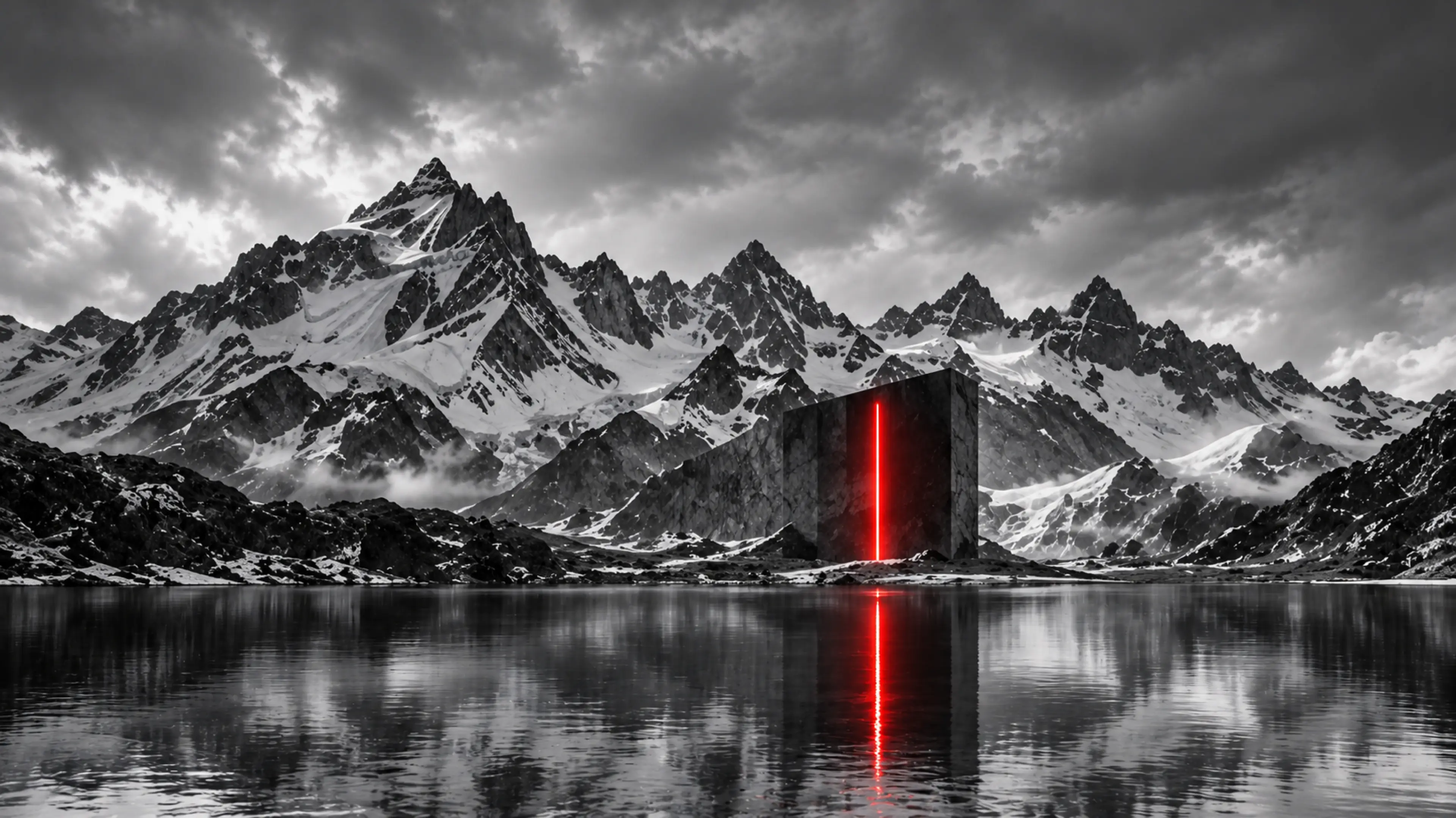 Un monolithe noir fendu de rouge au bord d’un lac de montagne, son reflet dans l’eau.