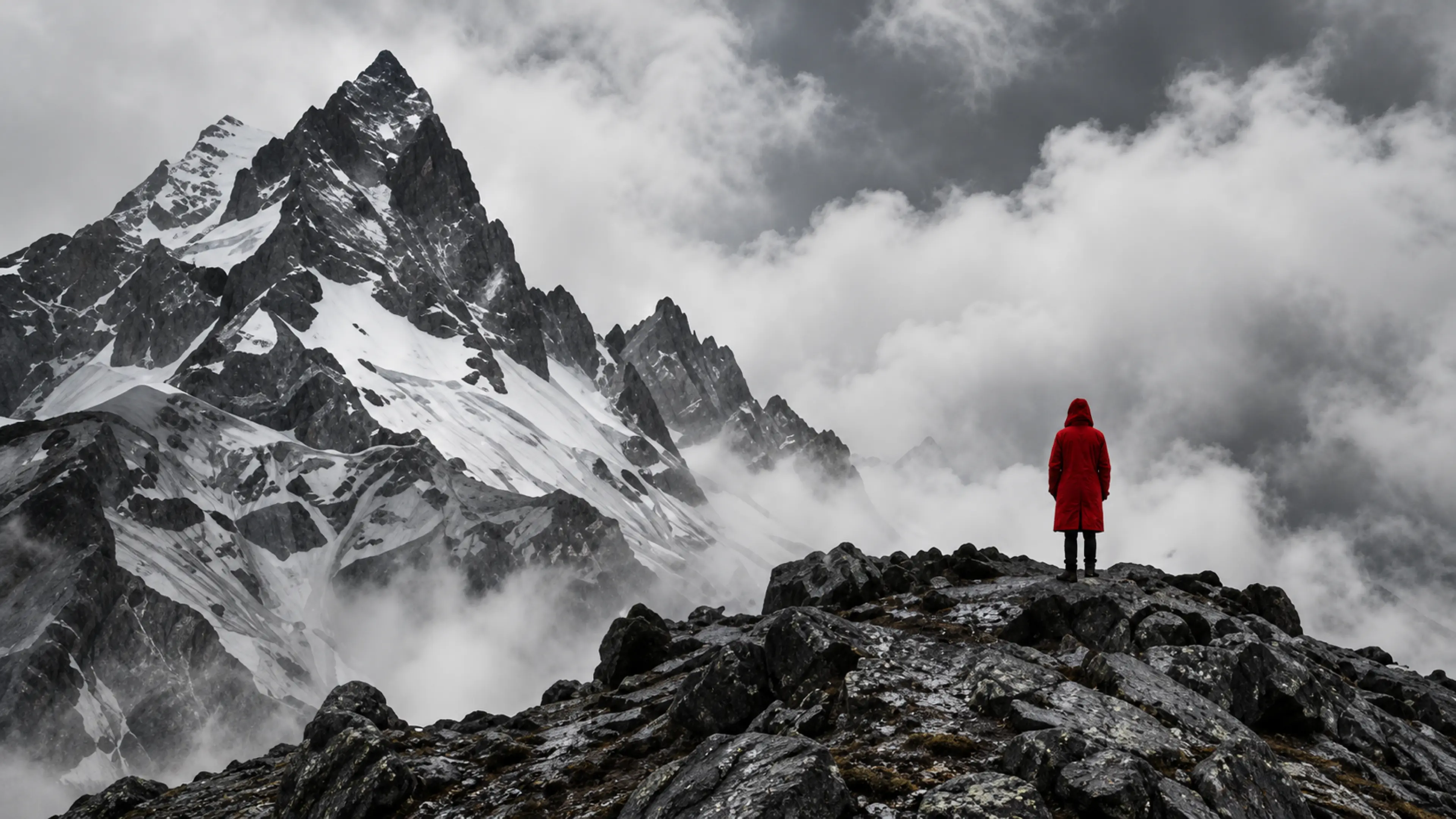 Un personnage en manteau rouge sur un rocher, face à un sommet enneigé dans la brume.