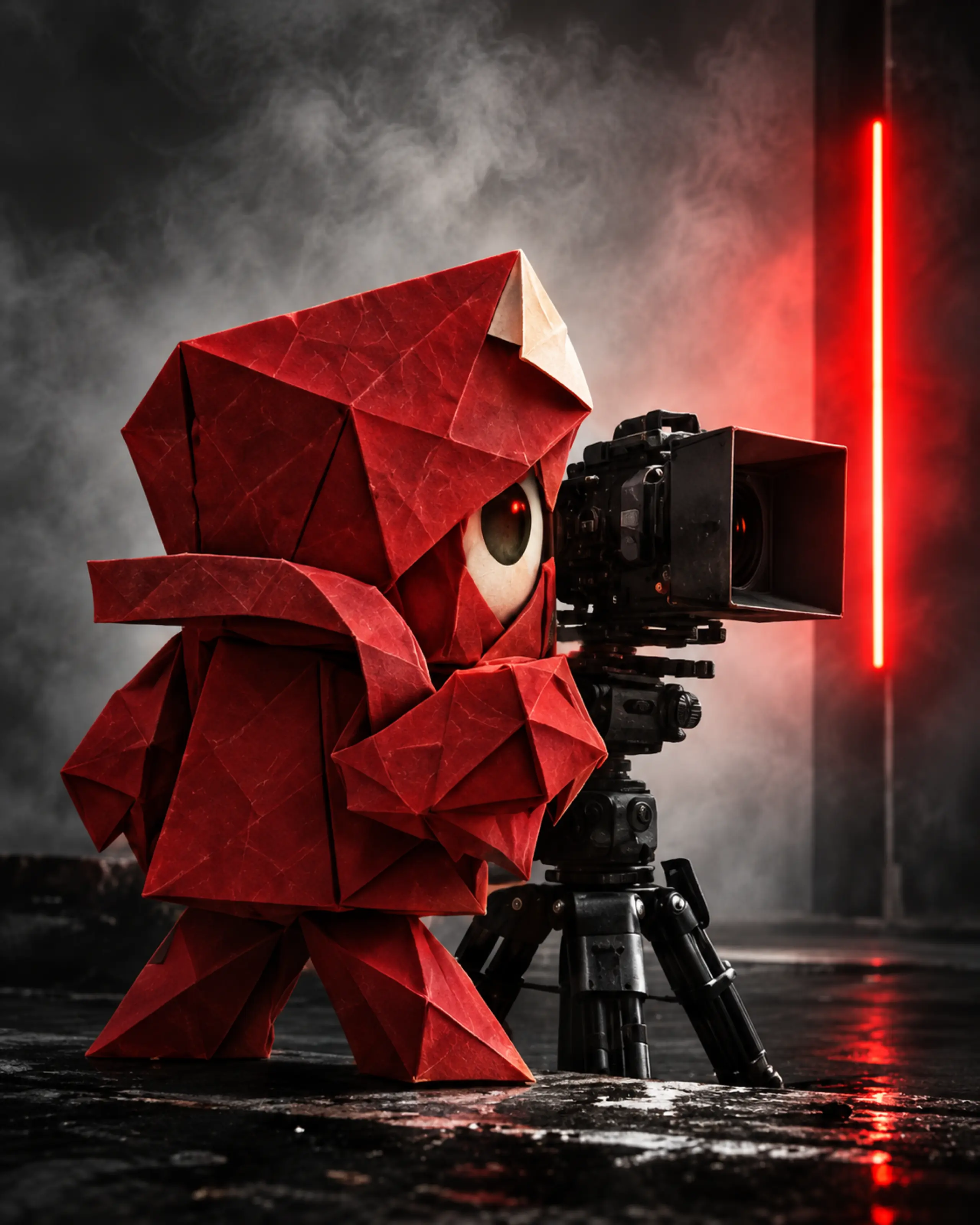 Le Pli à sa caméra devant un trait de lumière rouge, dans la fumée.