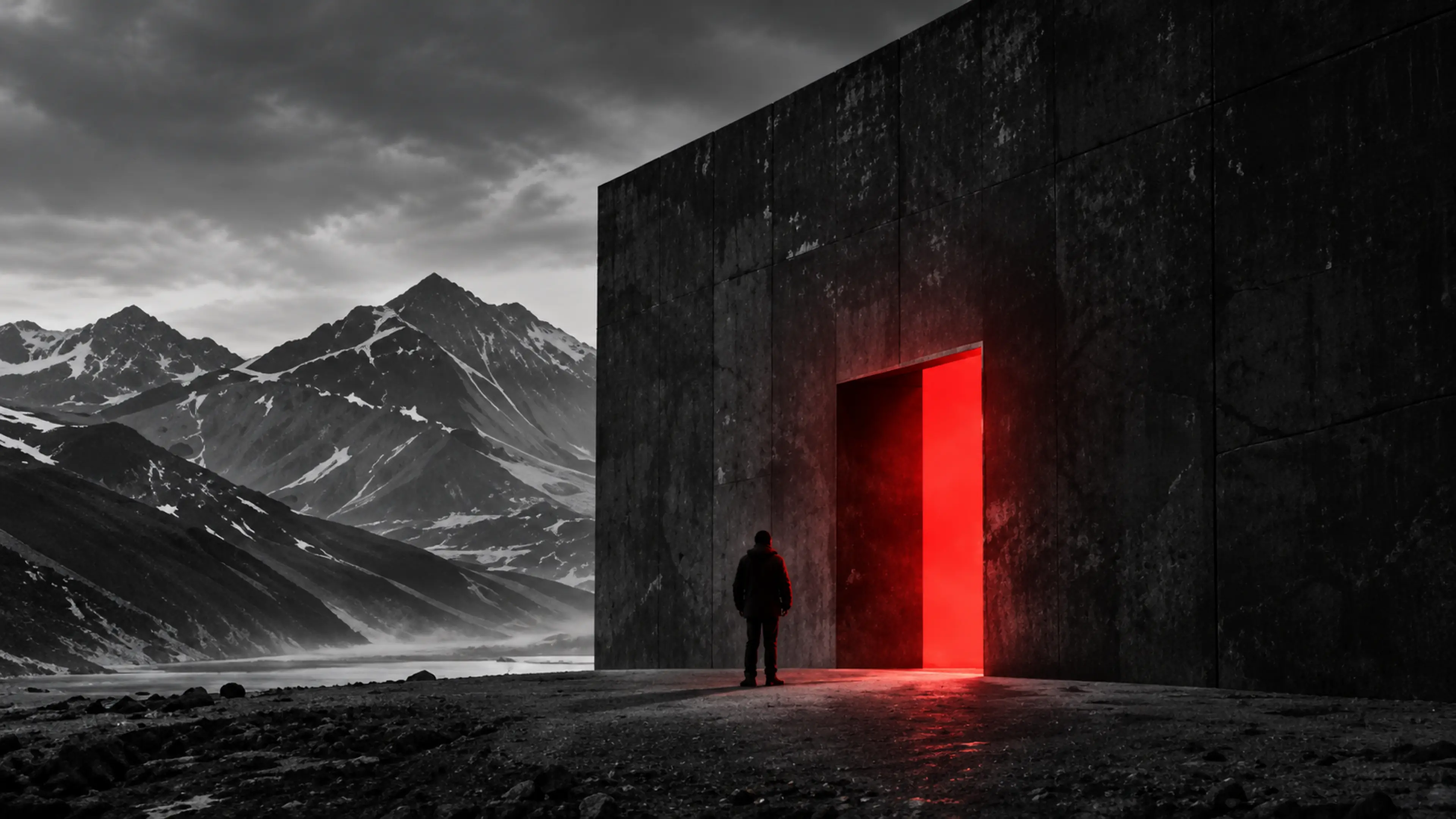 Une silhouette devant la porte rouge d’un monolithe, dans la montagne.