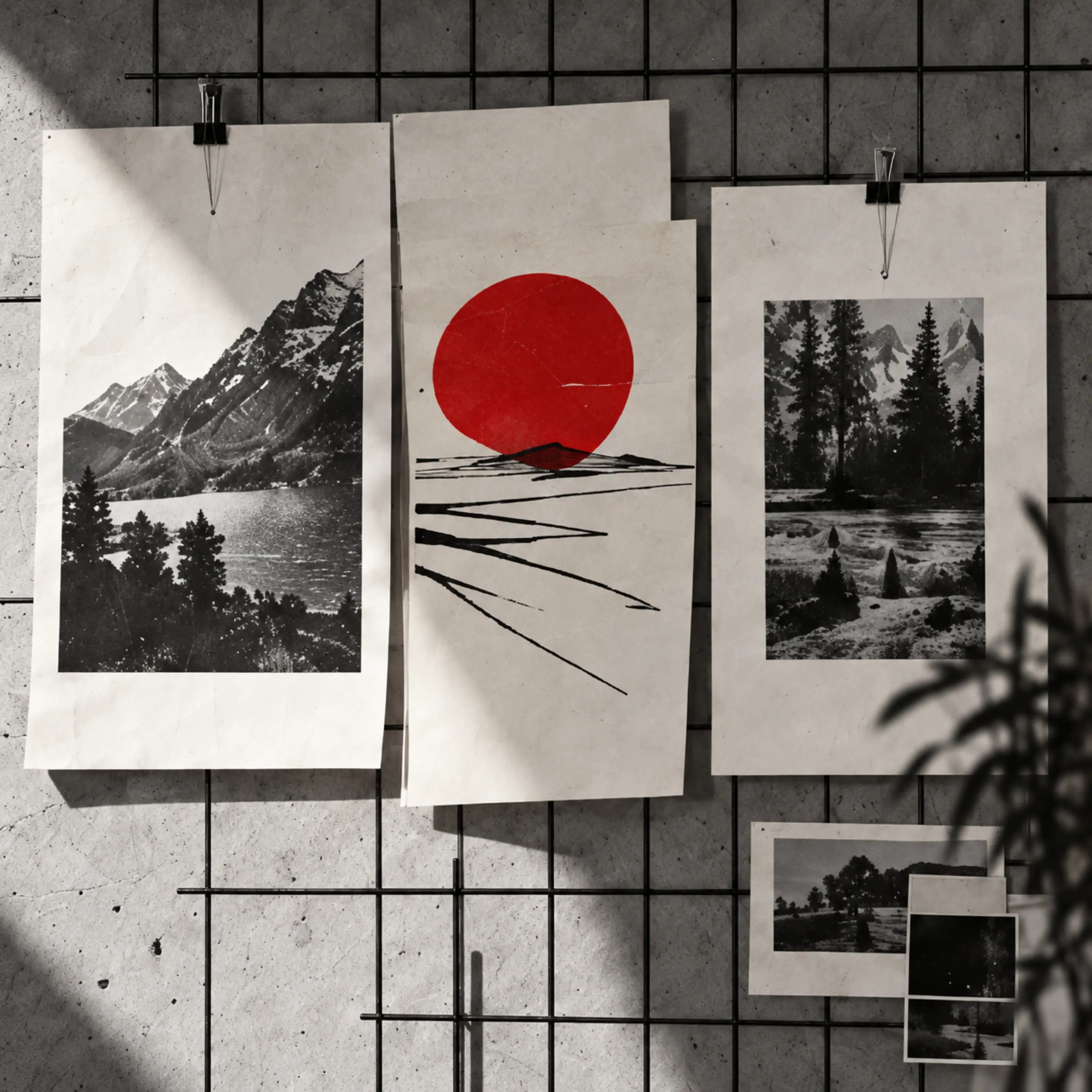 Des planches épinglées sur une grille : montagnes, disque rouge, forêt, plante.