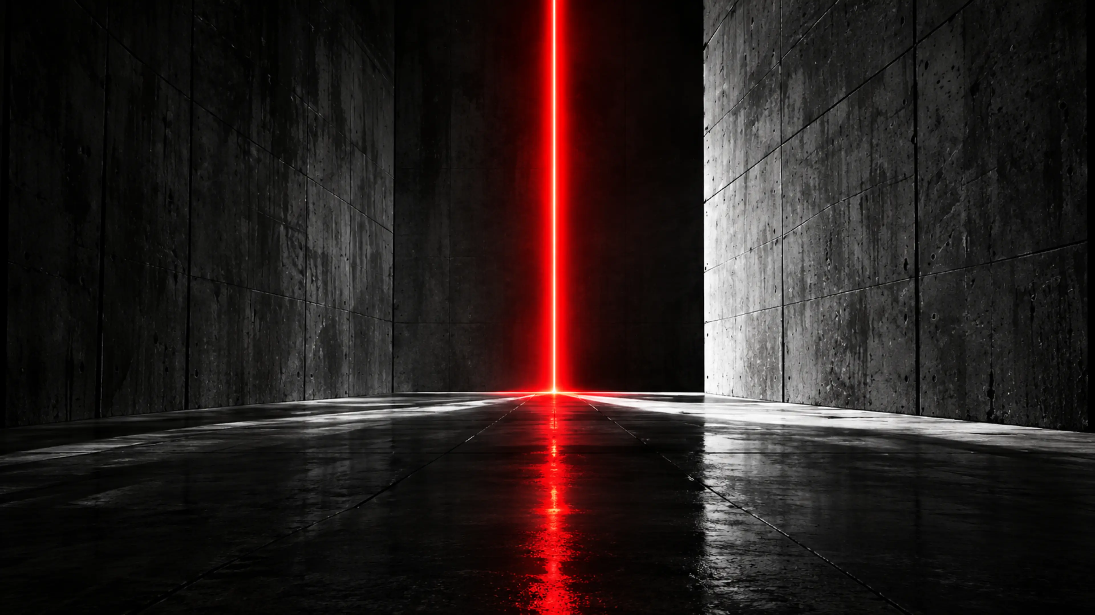 Deux murs de béton séparés par une fente de lumière rouge.