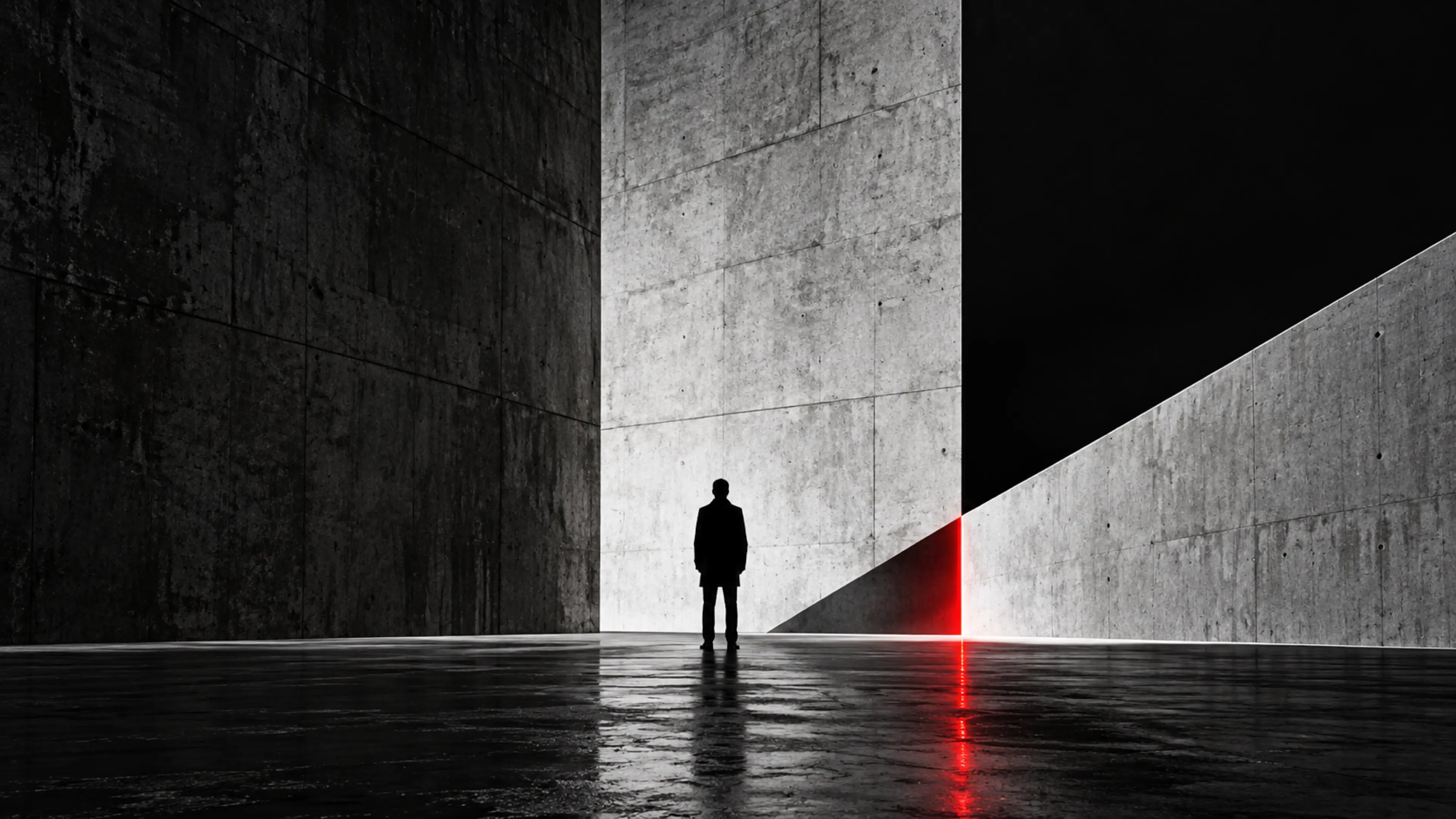 Une silhouette au bout d’un couloir de béton, un triangle de lumière et un trait rouge.