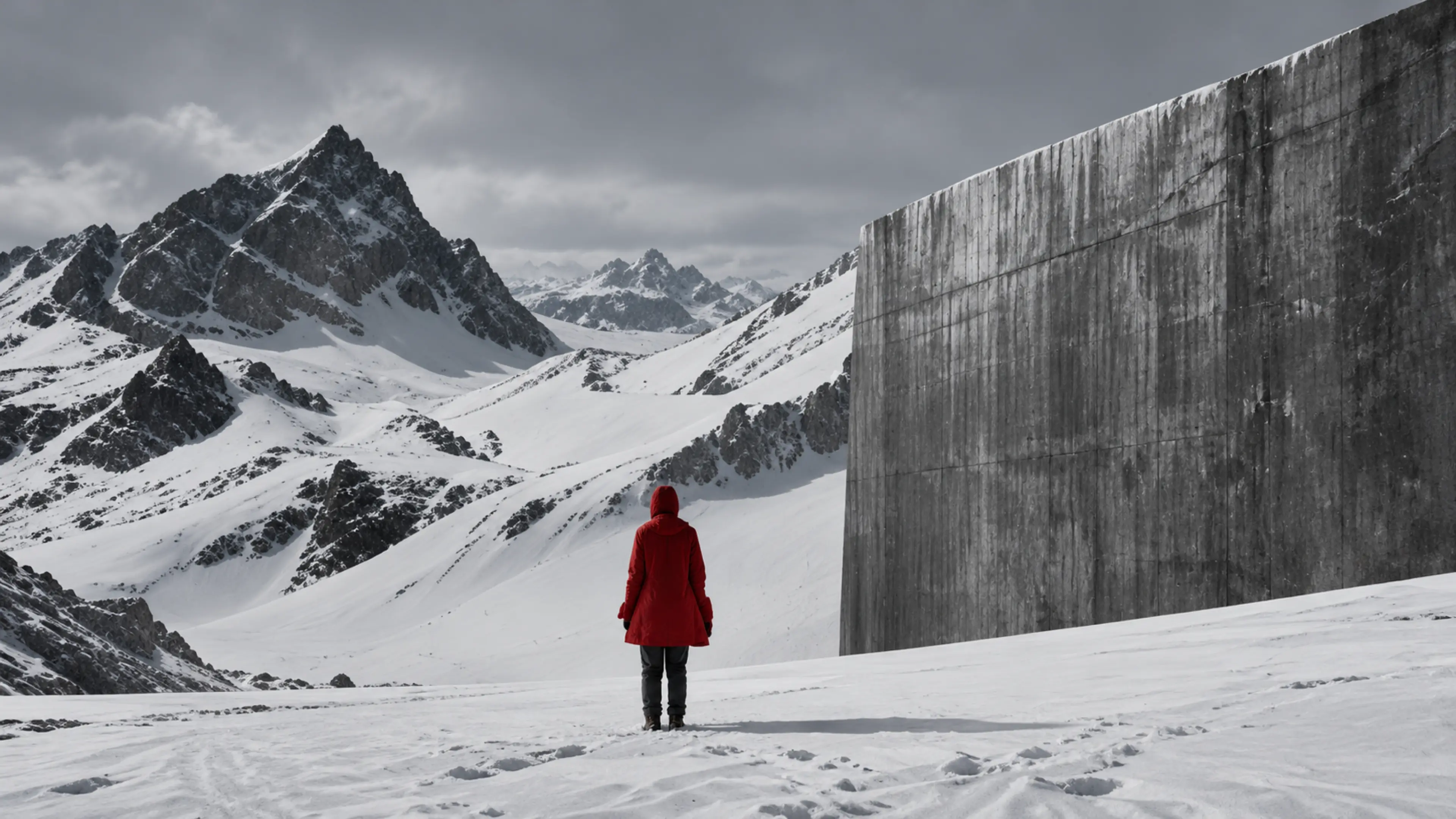 Un personnage en rouge dans la neige devant un mur de béton.
