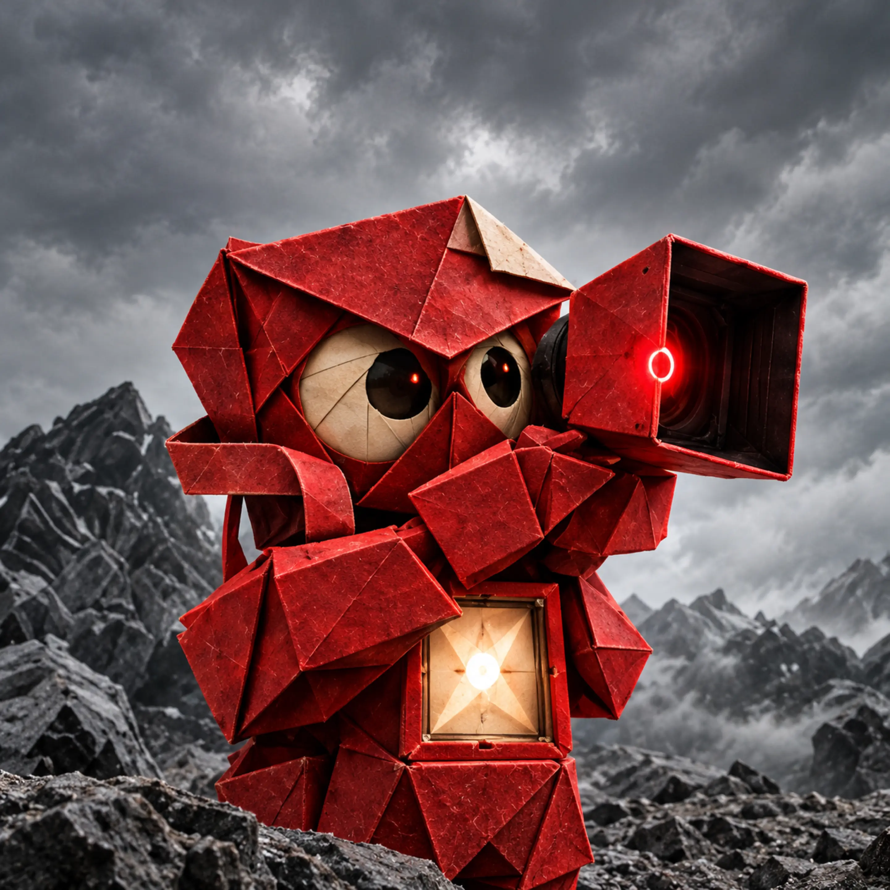 Le Pli et sa caméra rouge au milieu de rochers noirs, sous un ciel d’orage.