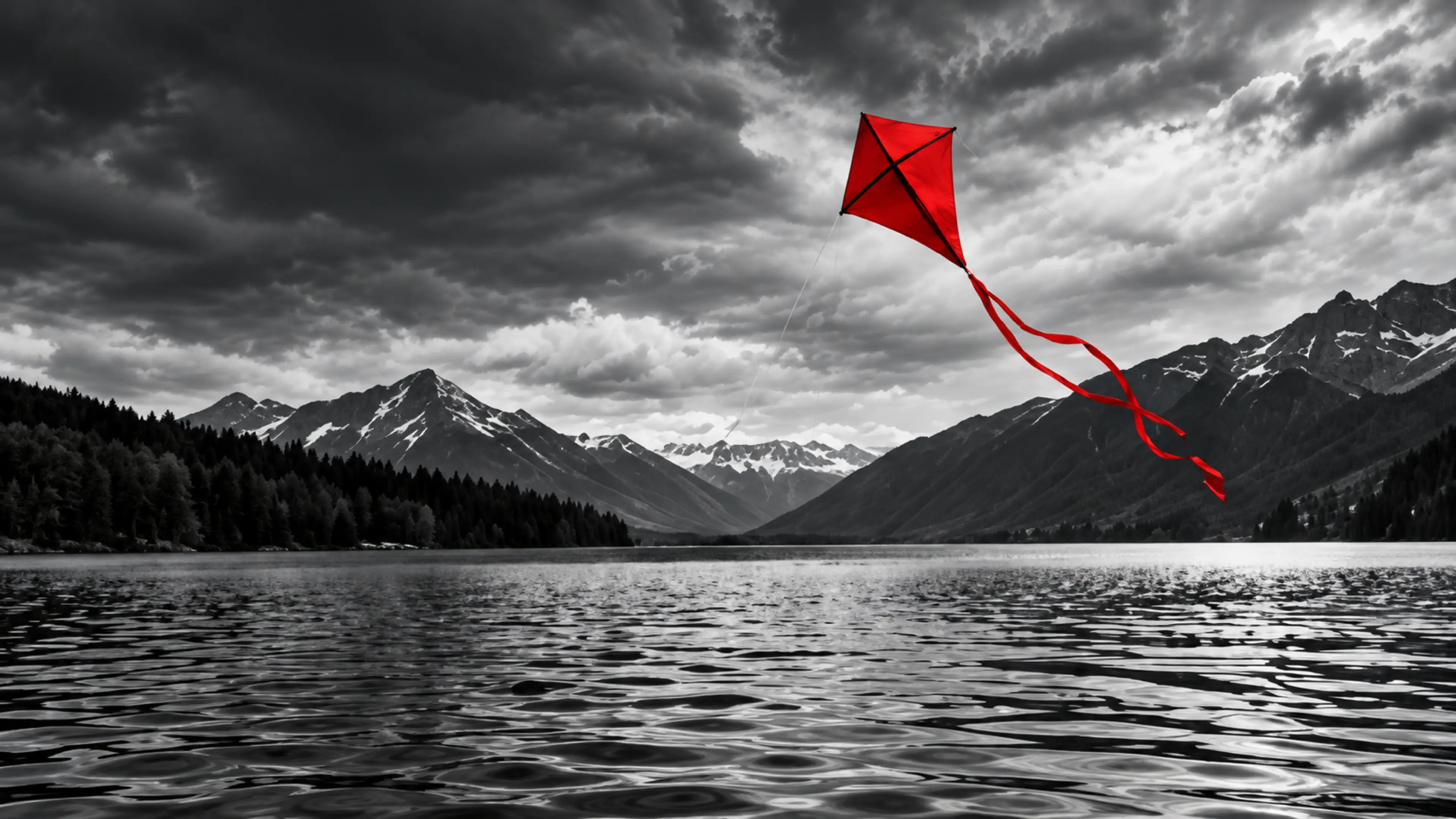 Un cerf-volant rouge au-dessus d’un lac et de montagnes.
