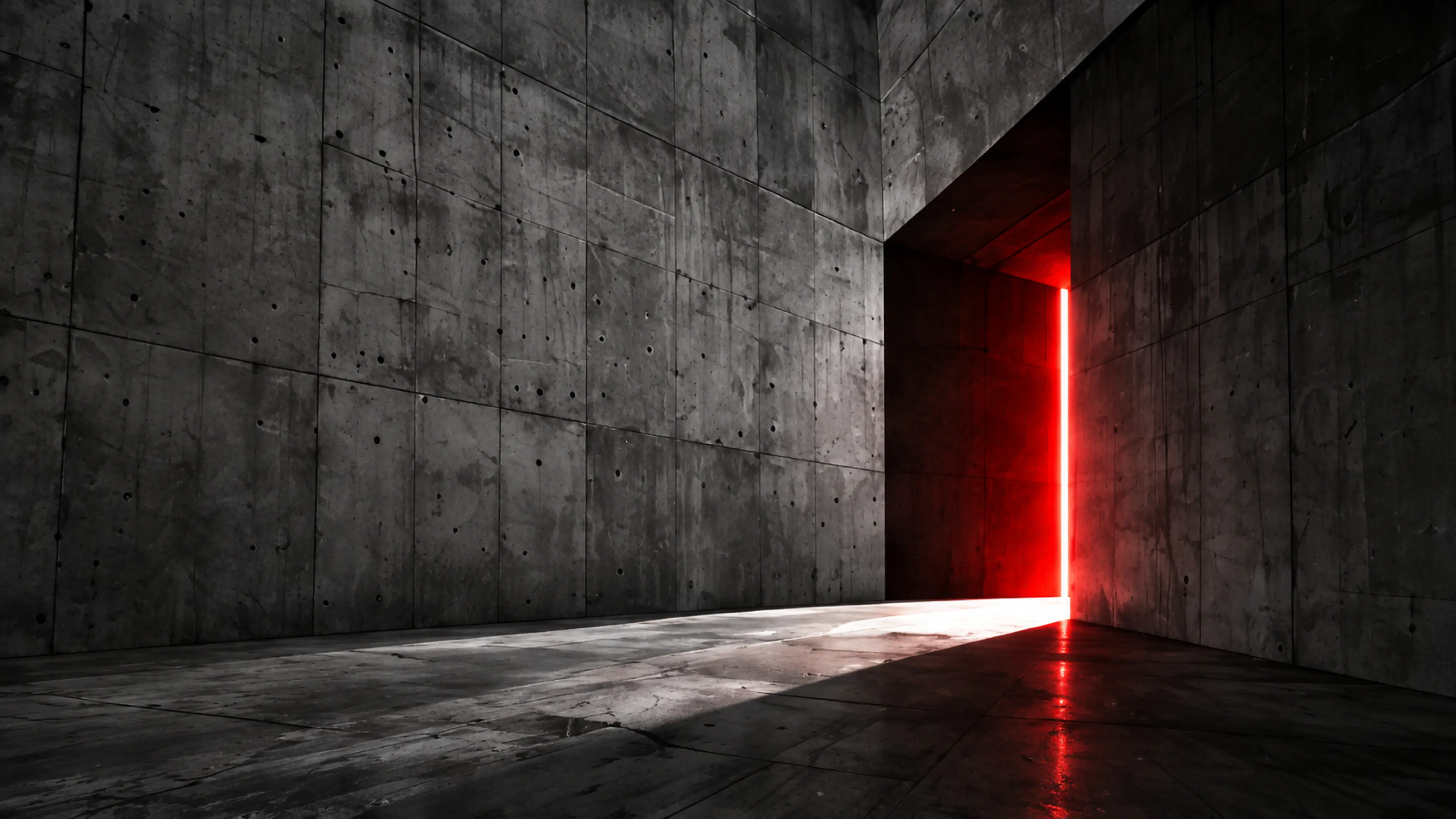 Un couloir de béton fendu d’une lumière rouge.