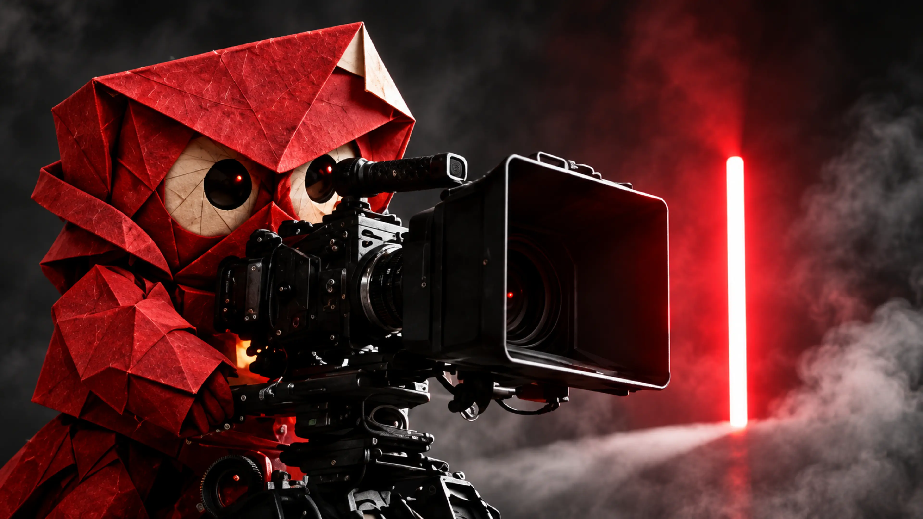 Le Pli derrière une caméra de cinéma, un néon rouge, de la fumée.
