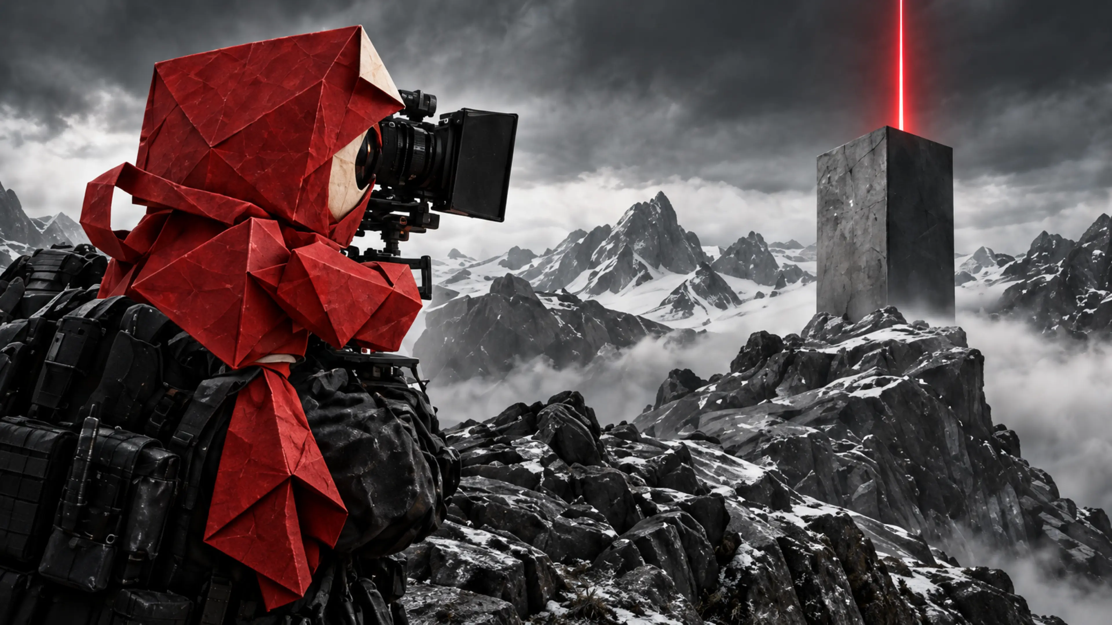 Le Pli filme, depuis un rocher, un monolithe d’où monte un rayon rouge, au-dessus d’une mer de nuages.