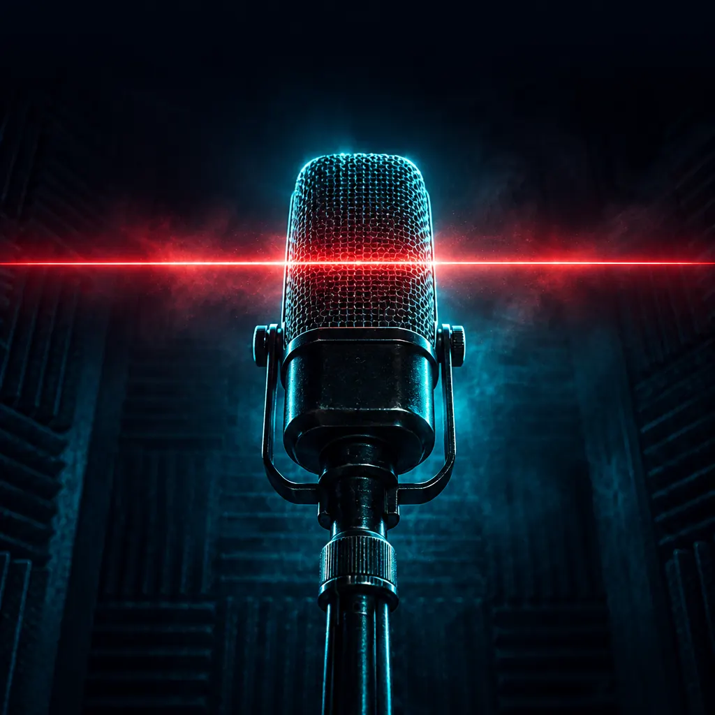 Un micro de studio dans le noir, traversé par un trait de lumière rouge.